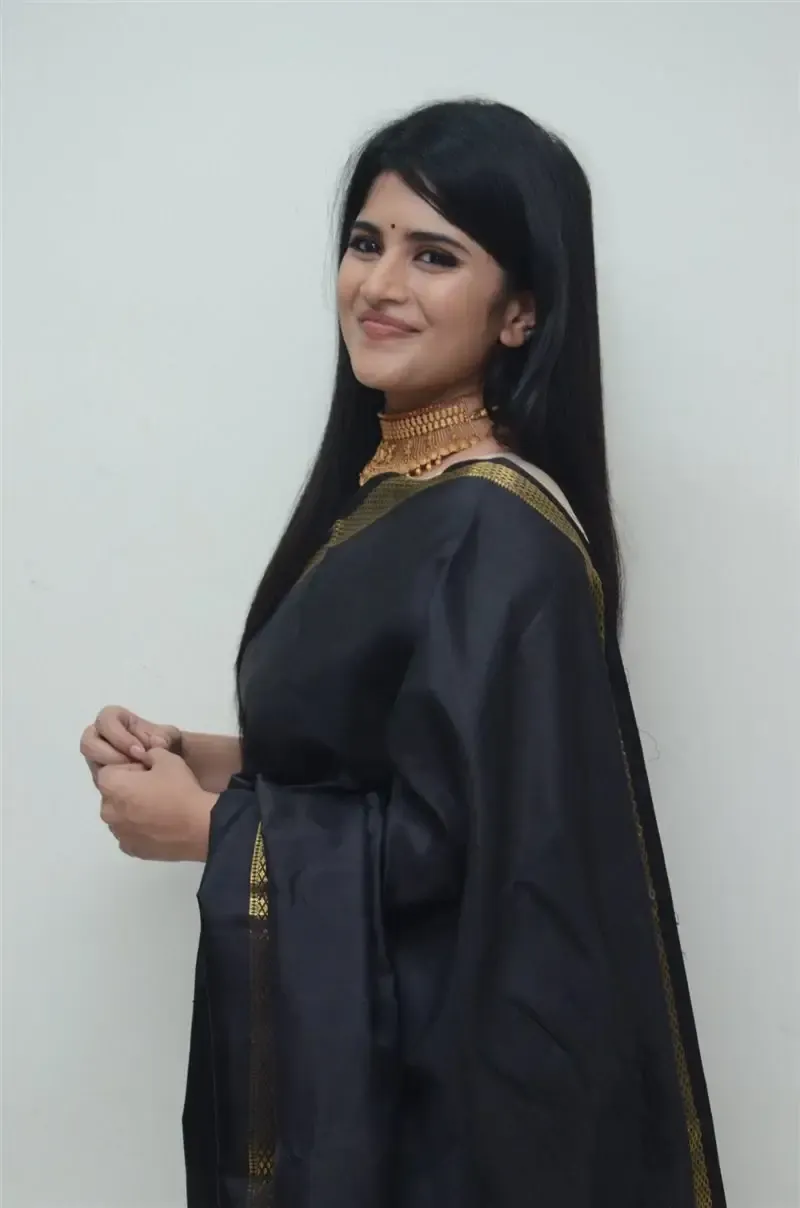 Megha Akash in Black Saree at Manu Charitra Telugu Movie Trailer Launch